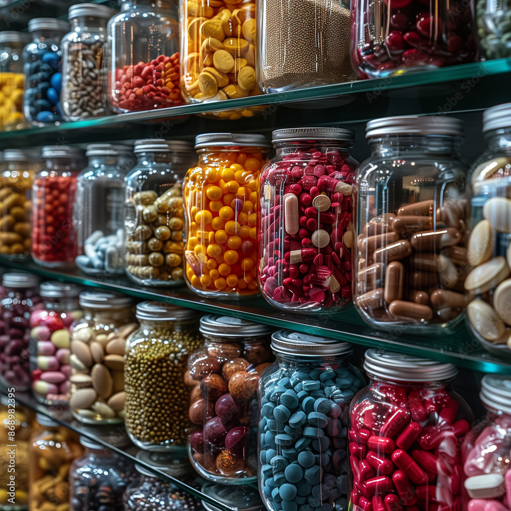 a shelf filled with jars of candy and candis
a shelf filled with jars of candy and candis