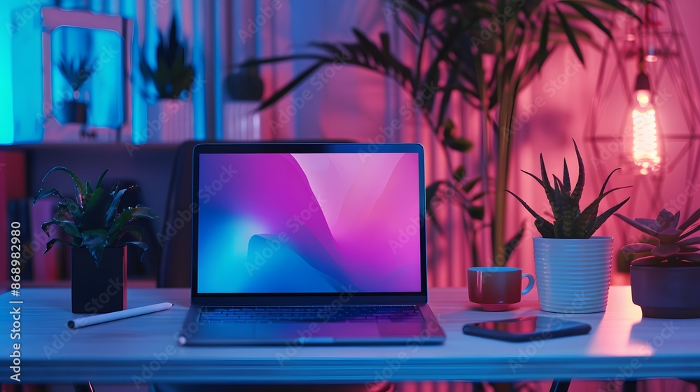 Modern laptop with vibrant gradient pink blue holographic color lights. Minimal office surrealism concept. Modern laptop with vibrant gradient pink blue holographic color lights. Minimal office surrealism concept.