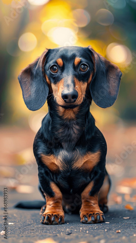 A small black and brown dog is sitting on the ground in the street © alfa27