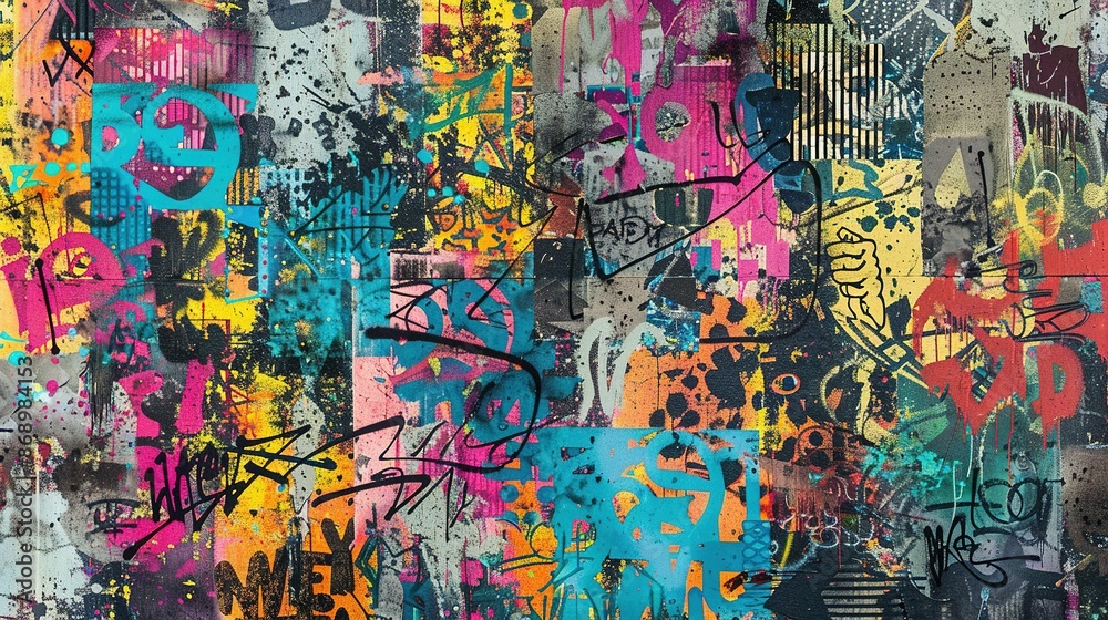 Fototapeta premium Seamless Graffiti Pattern: Vibrant Colors on Weathered Concrete Wall