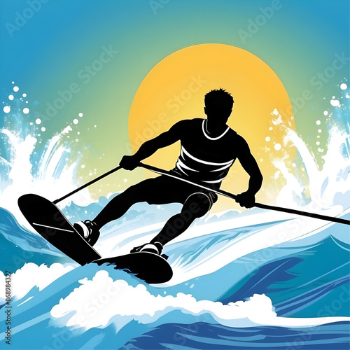 Wakeboarding into the Sunset: Silhouette of a wakeboarder riding a wave at sunset 