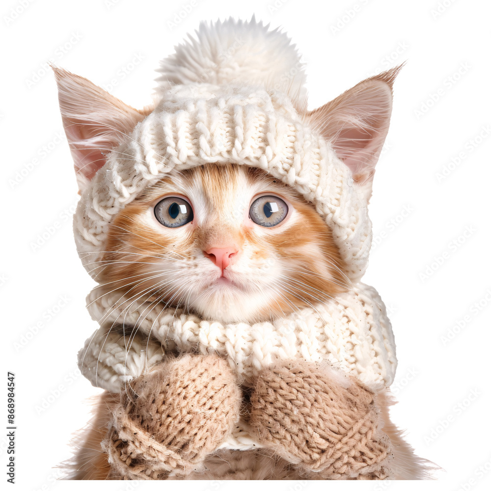 Adorable kitten dressed in a warm winter hat and mittens, ultra-sharp and clear, isolated on white background Adorable kitten dressed in a warm winter hat and mittens, ultra-sharp and clear, isolated on white background