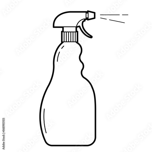 Spray bottle. Sprayer with cleaning liquid, detergent.  Plastic packaging.  Isolated outline Illustration on white background	