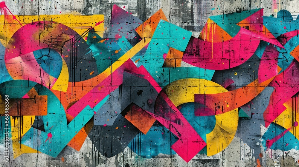 Fototapeta premium Vibrant Colors in Seamless Graffiti Pattern on Aged Concrete Wall
