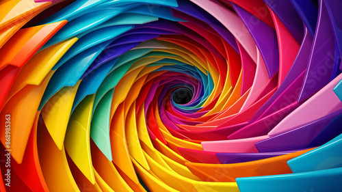 Vibrant Abstract Spiral of Colorful Geometric Shapes Creating a Dynamic and Energetic Visual Effect
