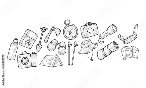 hiking equipment handdrawn collection