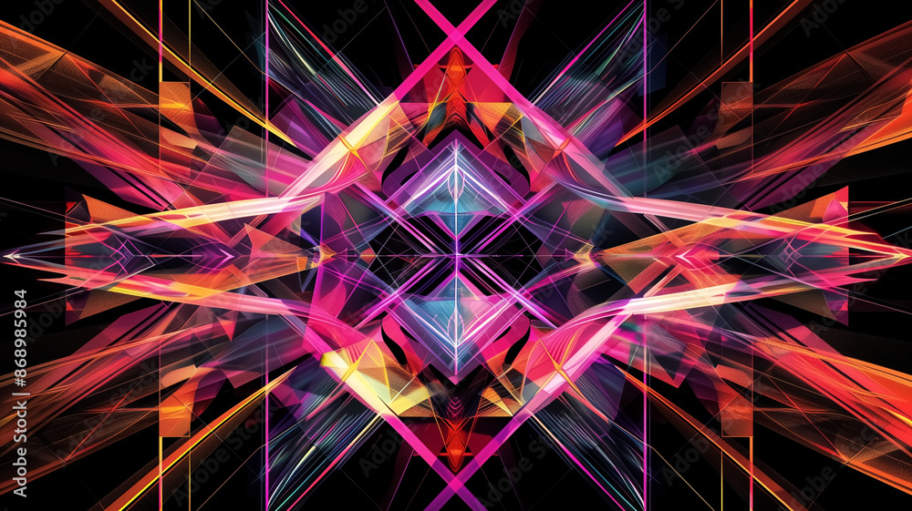 Abstract Geometric Light Art with Vibrant Colors and Dynamic Shapes on Black Background Abstract Geometric Light Art with Vibrant Colors and Dynamic Shapes on Black Background
