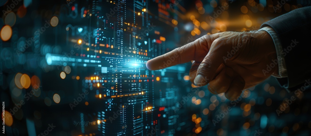 Close-up of a hand interacting with a high-tech digital interface, showcasing futuristic technology and data visualization. Close-up of a hand interacting with a high-tech digital interface, showcasing futuristic technology and data visualization.