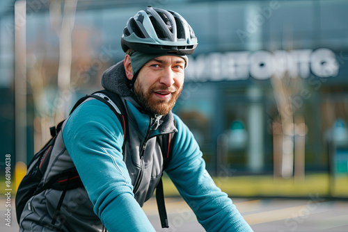 Man cycling for fitness and exercise, training on a bike for health photo