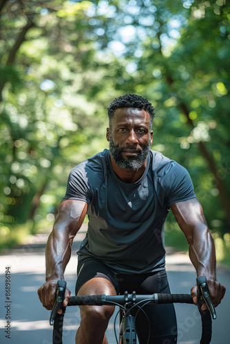 Man cycling for fitness and exercise, training on a bike for health photo