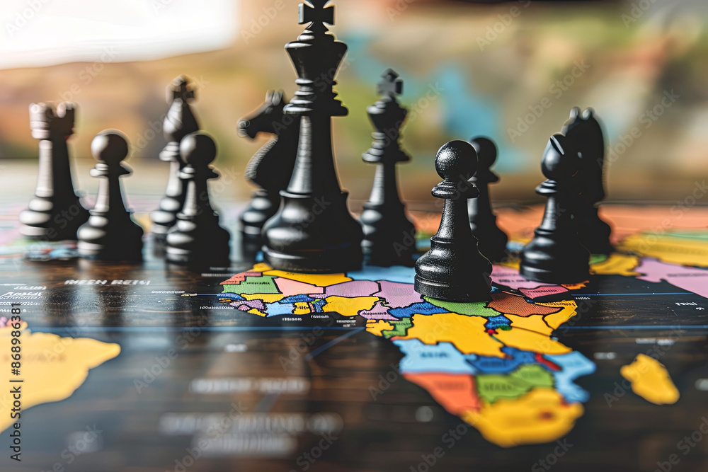 Geopolitics and global economy concept with chess figures on a map Geopolitics and global economy concept with chess figures on a map