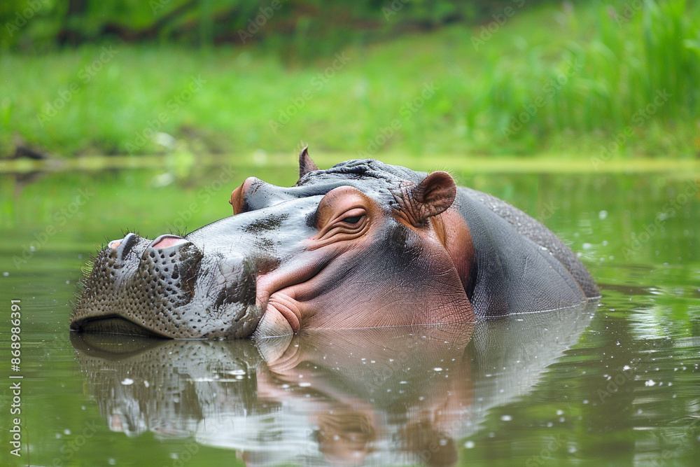 Fototapeta premium Hippopotamus amphibious lying in a water pond in a park.