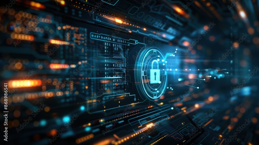 High-tech digital security interface featuring a lock symbol on an abstract technology background, representing cybersecurity and data protection. High-tech digital security interface featuring a lock symbol on an abstract technology background, representing cybersecurity and data protection.