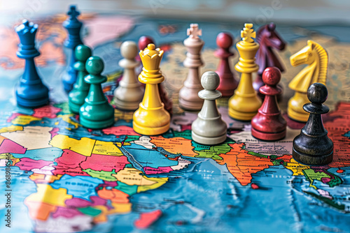 Geopolitics and global economy concept with chess figures on a map
