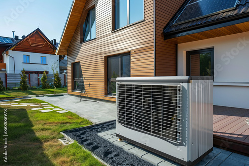 Heat pump next to a house and solar panels on the roof, energy-efficient home concept photo