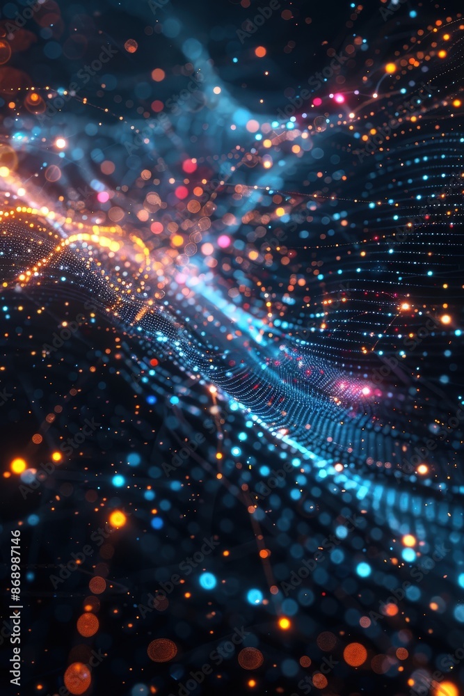 Fototapeta premium Abstract digital wave with glowing particles and light trails, representing futuristic technology and data flow.