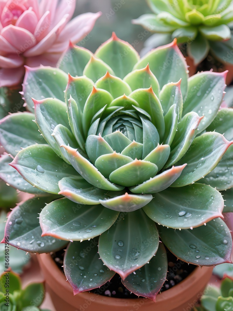 Green Succulent With Water Droplets. Green Succulent With Water Droplets.