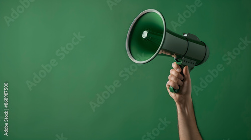 A hand holding a megaphone against a green background, copy space