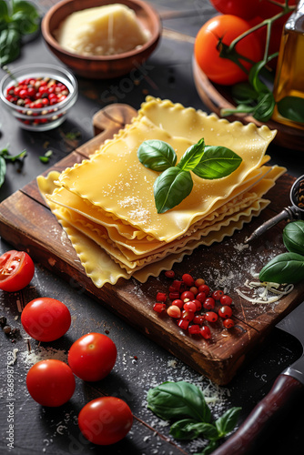 Uncooked raw lasagna sheets, Italian cuisine ingredient photo