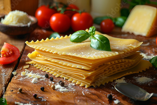 Uncooked raw lasagna sheets, Italian cuisine ingredient photo