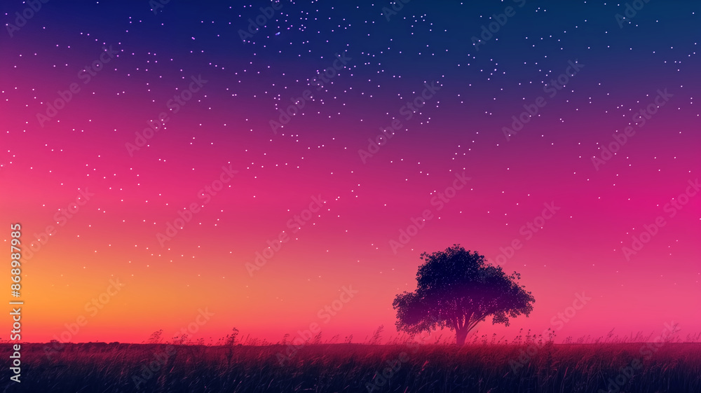 Stunning Sunset Landscape with Lone Tree and Starry Sky in Vibrant Colors Stunning Sunset Landscape with Lone Tree and Starry Sky in Vibrant Colors
