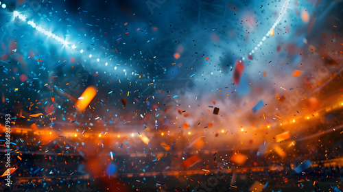 A stadium lit up for a night game with confetti falling through the air.