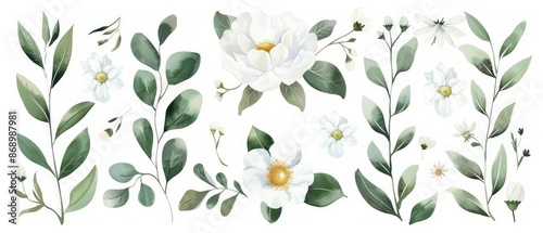 Watercolour floral illustration set. White flowers, green leaves individual elements collection. Green branches, eucalyptus, chamomile. 