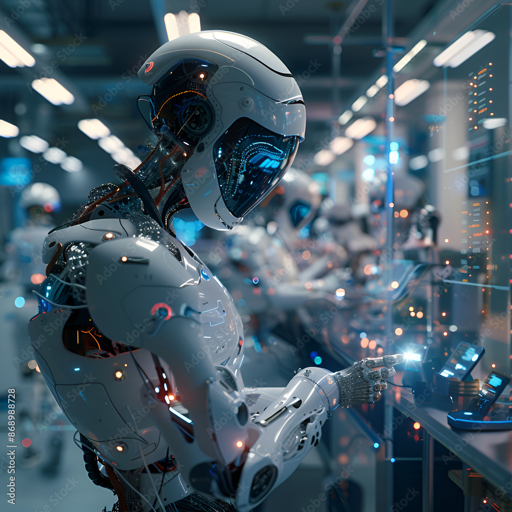 A mechanical robot in a factory filled with multiple operational machines. A mechanical robot in a factory filled with multiple operational machines.