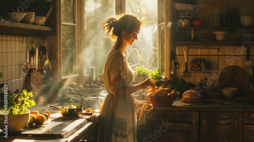 A woman prepares food in a sunny kitchen adorned with plants, capturing a serene and warm atmosphere. AIG58 photo