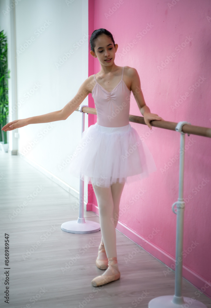 A girl ballet student practices ballet dancing at home with a pink and white background A girl ballet student practices ballet dancing at home with a pink and white background