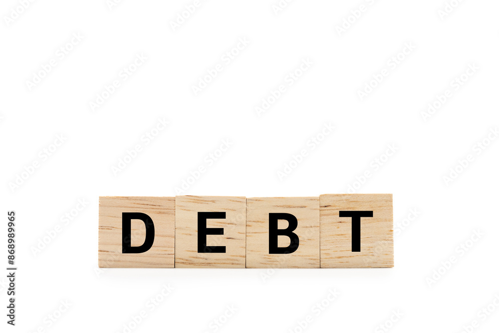 DEBT wooden text blocks isolated on white background. Copy space and clipping path. economic crisis risk and problem concept. Financial debt decrease, revenue management concept. DEBT wooden text blocks isolated on white background. Copy space and clipping path. economic crisis risk and problem concept. Financial debt decrease, revenue management concept.