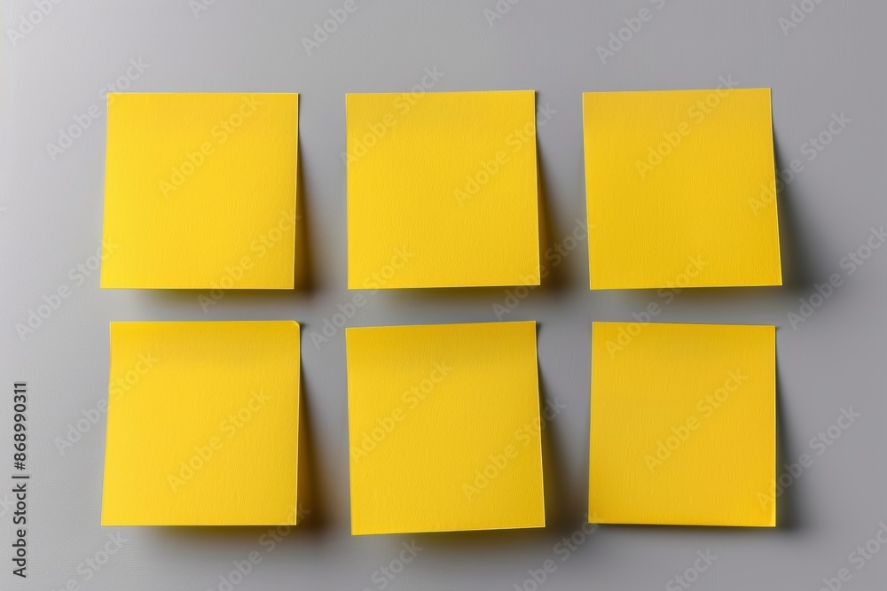 Six blank yellow sticky notes on gray background. Six blank yellow sticky notes on gray background.