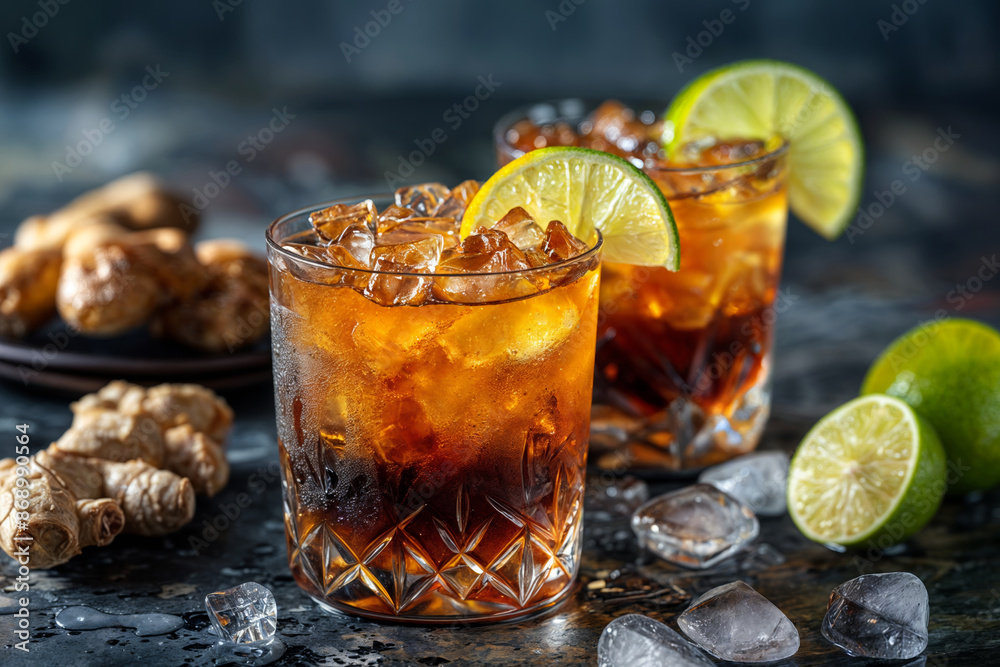 Dark and stormy cocktail with lime and ginger served in crystal glasses with ice cubes on a dark background, refreshing summer drink