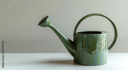Green Ceramic Watering Can on White Surface