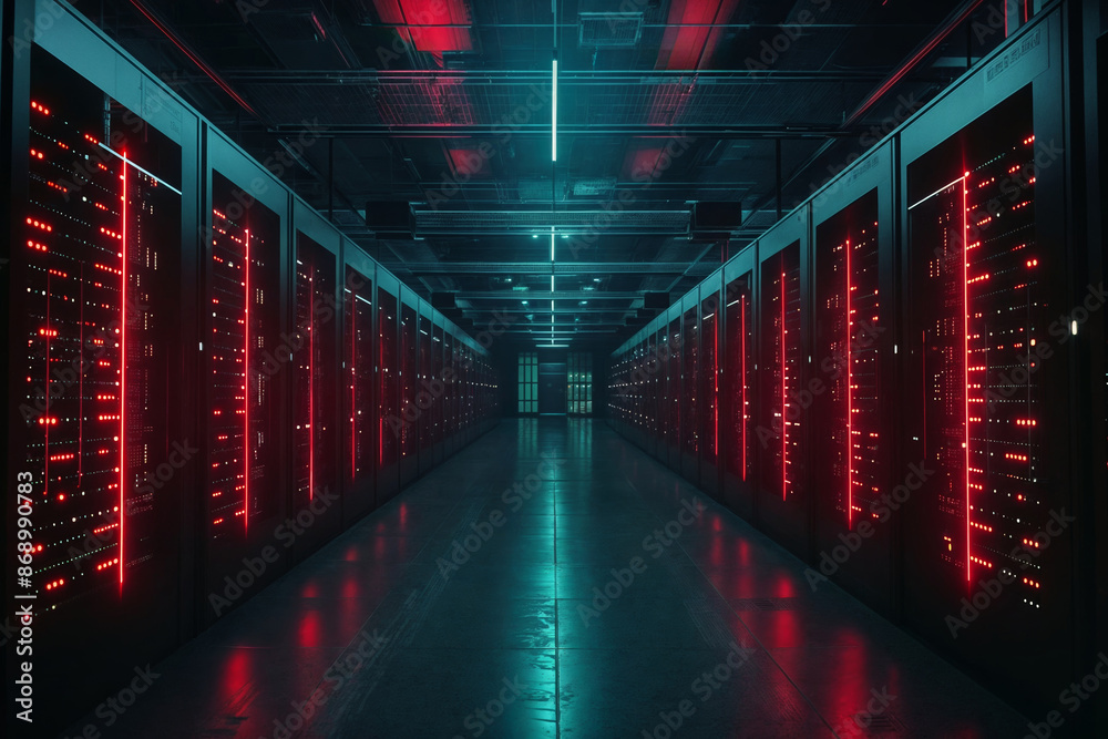 Fototapeta premium Modern data center with rows of server racks illuminated by red and blue lights representing high-tech infrastructure and cybersecurity