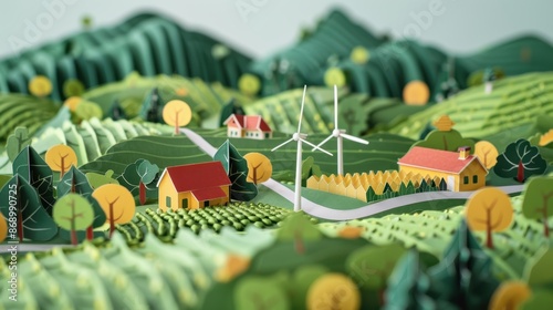 A 3D illustration of a papercut landscape. The scene features a rolling green hills, a winding road, and a small village with red-roofed houses. 