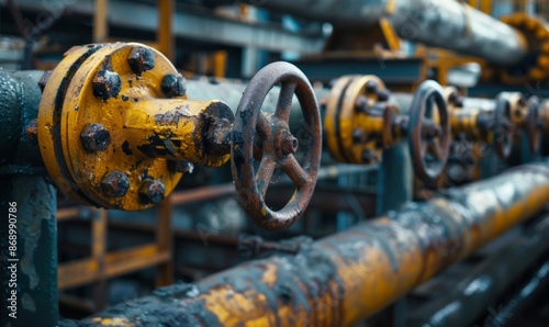 Macro shot of oil pipes and valves at a processing plant, highlighting the intricate details and industrial components photo