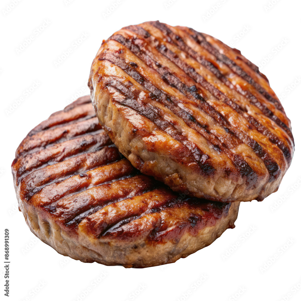 Two grilled hamburger patties closeup isolated on transparent background Two grilled hamburger patties closeup isolated on transparent background
