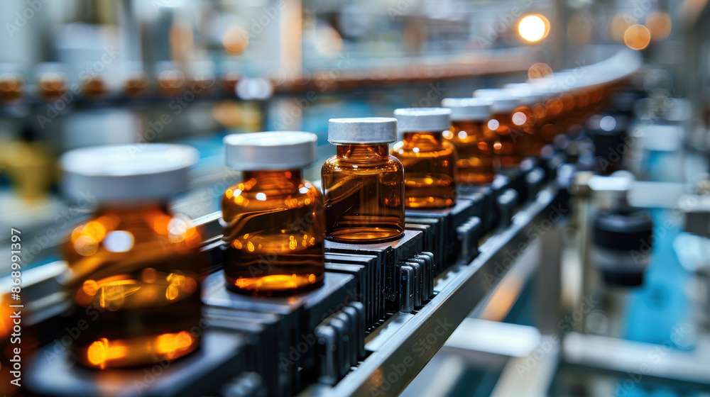 Vials of medicine move along an automated production line. Vials of medicine move along an automated production line.