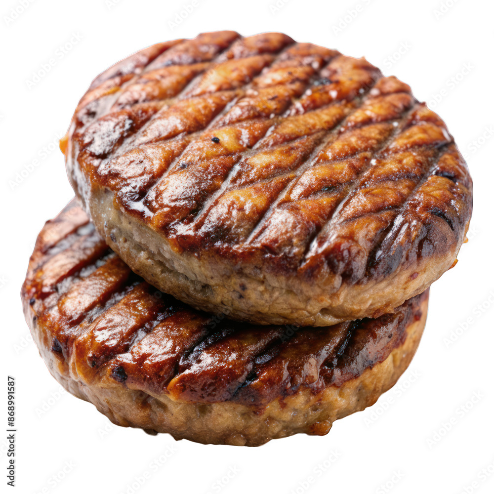Fototapeta premium Two grilled hamburger patties closeup isolated on transparent background