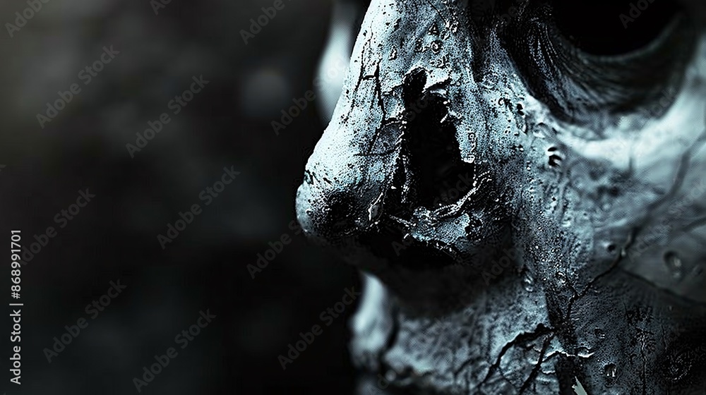 Minimalist close-up of a zombie's decaying nose with high contrast lighting and metallic silver reflections Minimalist close-up of a zombie's decaying nose with high contrast lighting and metallic silver reflections