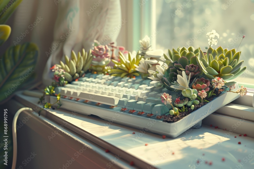 A keyboard with a garden of plants on it A keyboard with a garden of plants on it