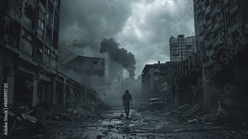 Minimalist wide shot of a zombie stumbling through a dark grey urban area with dramatic lighting