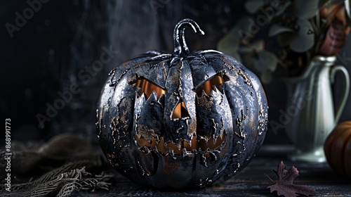 Minimalist Halloween pumpkin with dramatic lighting and metallic silver details