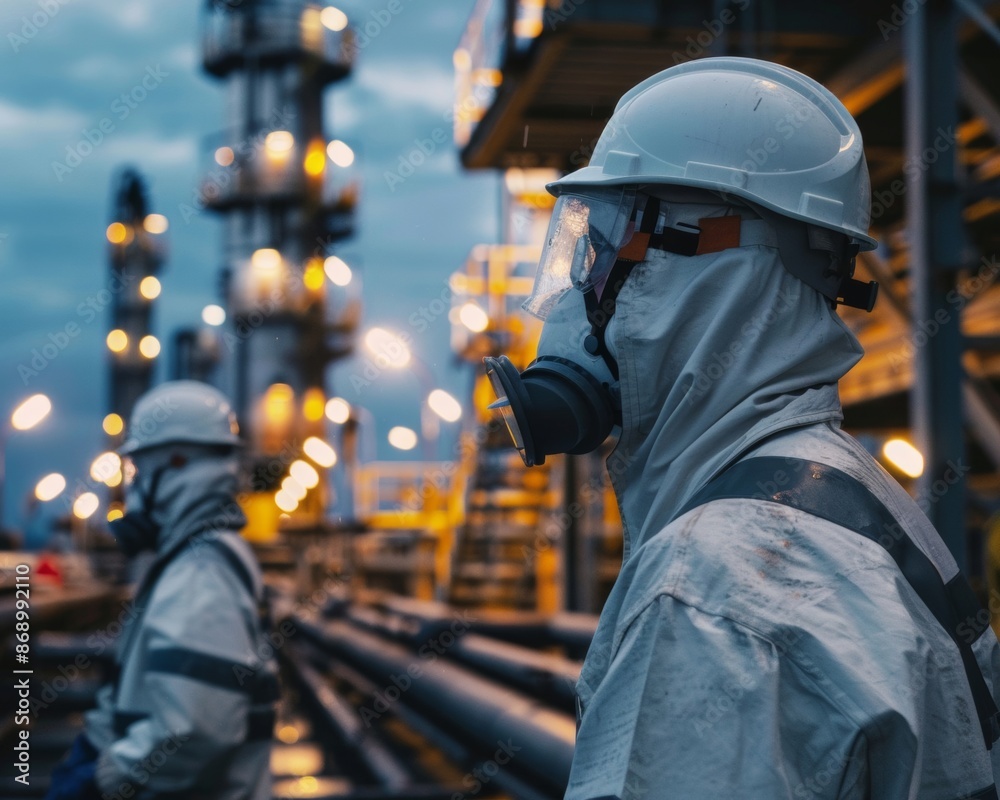 Detailed view of workers wearing protective gear at an oil refinery site Detailed view of workers wearing protective gear at an oil refinery site