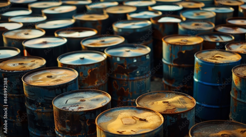 Macro shot of oil barrels stacked in an industrial storage facility Macro shot of oil barrels stacked in an industrial storage facility