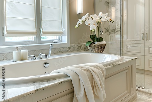 Luxurious white bathroom interior with freestanding bathtub and roman shades. Modern bathroom design with natural light photo