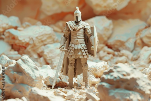 A man in a golden suit stands in front of a pile of swords