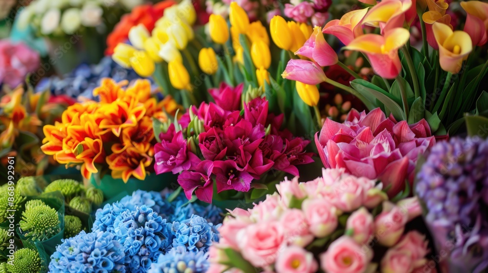 A vibrant bouquet of fresh flowers in a florist shop, showcasing their beauty and the variety of colors, making them a perfect gift A vibrant bouquet of fresh flowers in a florist shop, showcasing their beauty and the variety of colors, making them a perfect gift