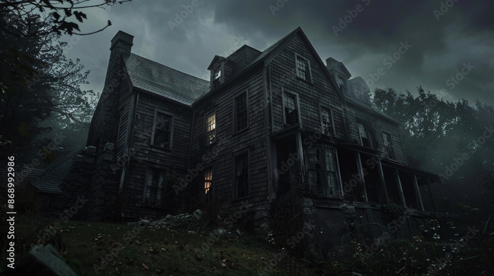 Wide shot of a haunted house with dark grey tones and backlight Wide shot of a haunted house with dark grey tones and backlight